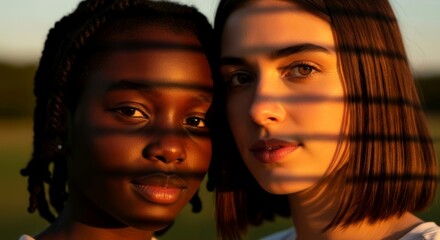 Two women portrait, african american and caucasian, with sunset light and shadow lines across their faces. Diversity and friendship concept.