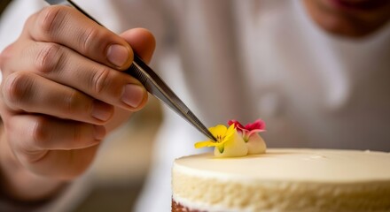 Chef decorating creamy cake with edible flower, using tweezers. Precise topping for dessert or pastry, adding fancy finish to sweet food.