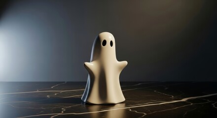 Cute white ghost figure with black eyes sitting on a dark marble table with light background. Halloween or spooky holiday decoration.