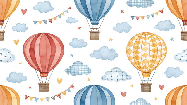 Watercolor hot air balloons illustration. Cute hand painted set with striped balloons, clouds and stars, perfect for nursery decor, baby shower invitations, kids posters and party design.