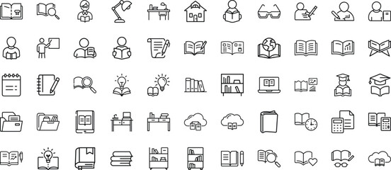 Line Style Education and Book Icon Set, Study, Reading, and Learning Symbols