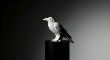 White ceramic raven perched on black stand, studio shot against gradient background. Modern bird sculpture or figurine for elegant decoration concept.
