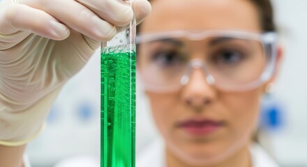 Woman scientist holding test tube with green liquid. Research and development in chemistry laboratory for drug discovery and scientific study.