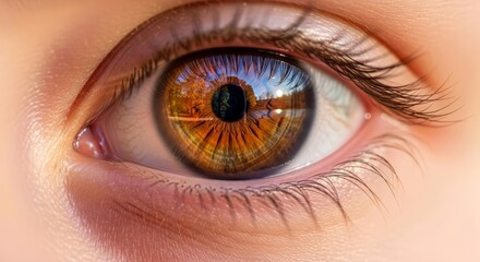 Close up of a brown eye reflecting an autumn park scene in the iris. The concept of vision, perception, and observing nature, representing deep thought.