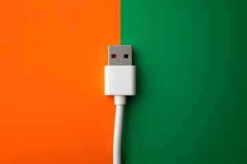 Minimalist USB Connector on Split Orange and Green Background Highlighting Digital Symmetry and Modern Tech Aesthetics