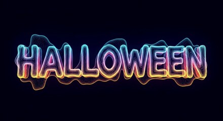 Halloween text with digital particle effect. Neon glowing word for holiday banner, greeting card, party invitation, or poster design.