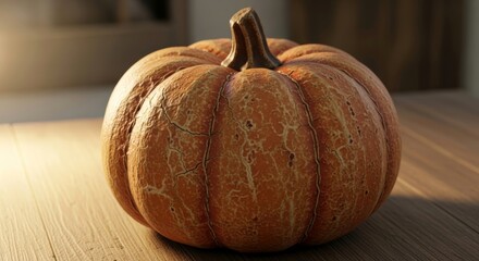 Orange pumpkin with textured skin and stem on a wooden surface, capturing the essence of autumn harvest and holiday time.