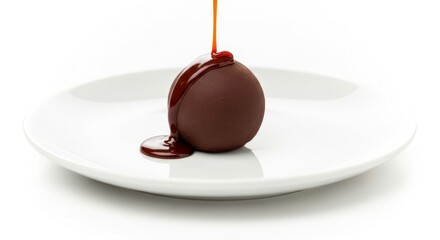 Dripping caramel sauce over dark chocolate dessert ball on white plate. Sweet food still life for confectionery and dessert menu.