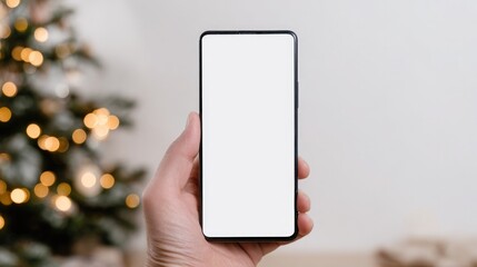 Hand holding smartphone with blank screen, surrounded by festive