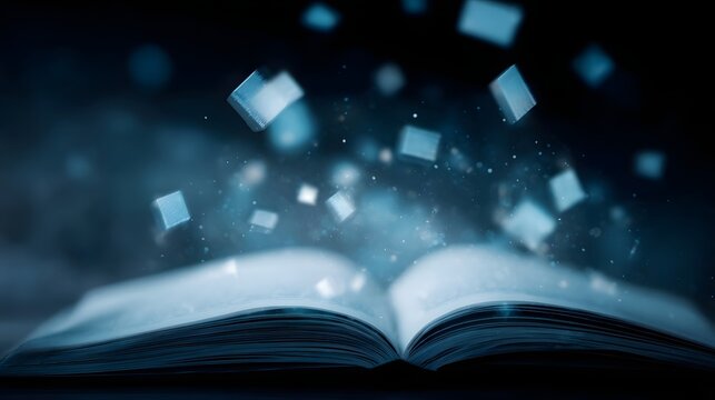 An open book emits glowing abstract cubes and particles symbolizing emergent knowledge and digital ideas