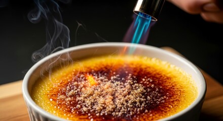 Person caramelizing sugar with blowtorch on creme brulee. Delicious dessert preparation at restaurant or home kitchen. Sweet food for cooking concept.