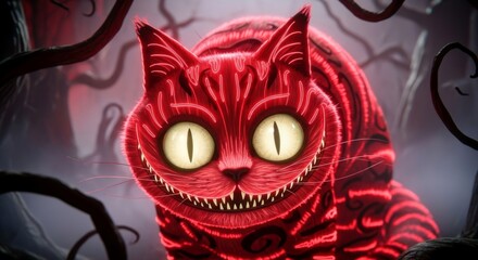 Grinning red cheshire cat with glowing details and oversized eyes. Fantasy creature for fairytale book illustration, halloween, or imaginative project.