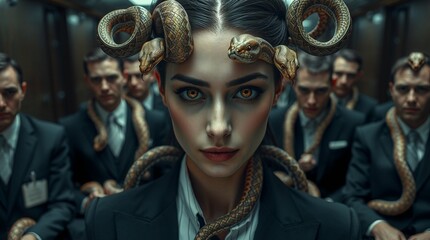 Close-up portrait of Gorgon Medusa as chef with snake-entwined employees in background, illustration of ancient Greek myth "Perseus and the Gorgon Medusa"