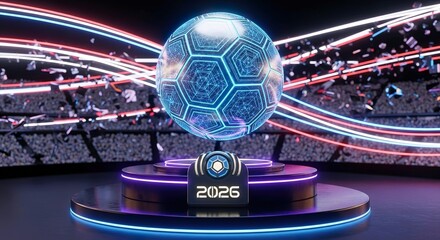 Futuristic Digital Soccer Ball 2026 on Podium with Neon Lights