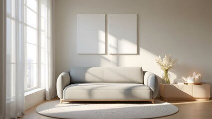 Fototapeta premium Serene living room scene with plush sofa soft light streaming through curtains Modern living room interior , ,white blank frames