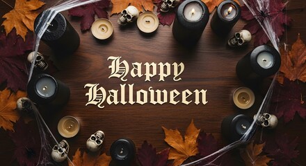 Happy Halloween Background with Skulls, Candles, and Autumn Leaves