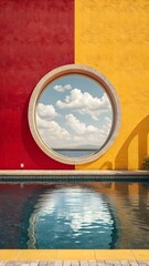 A vibrant red and yellow wall features a round window looking out to blue sky and distant water, beautifully reflecting in a still swimming pool.
