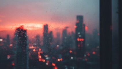 Rain-streaked city sunset viewed through a window