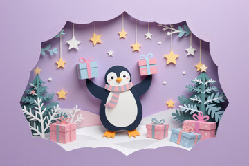 Pastel paper cut, animal paper art for festive Christmas decoration holiday. Festive penguin holding gifts against a whimsical winter backdrop with stars and trees, perfect for holiday themes.