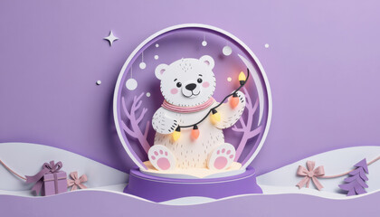 Pastel paper cut, animal paper art for festive Christmas decoration holiday. A cute polar bear in a snow globe, surrounded by festive decorations against a purple backdrop.