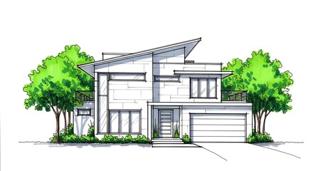 Modern House Architectural Marker Rendering: Two-Story Contemporary Home with Sloped Roof and Green Landscaping