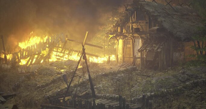 Amidst dense woods, a rural settlement faces devastation as flames consume a rustic cabin. Smoke billows into the sky while nearby structures remain endangered. Tension fills the air as night falls.