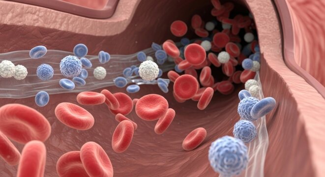 Blood cells and platelets in a blood vessel.