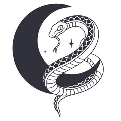 Snake coiled around crescent moon with stars, minimalist tattoo style design snake