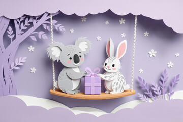 Pastel paper cut, animal paper art for festive Christmas decoration holiday. Adorable koala and rabbit on a swing, sharing a gift in a whimsical, pastel-colored forest scene.