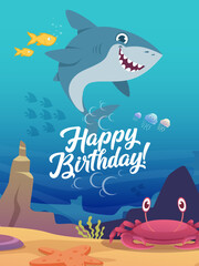 Underwater life. poster happy birthday invitation. funny cartoon ocean animals and fishes sharks crabs
