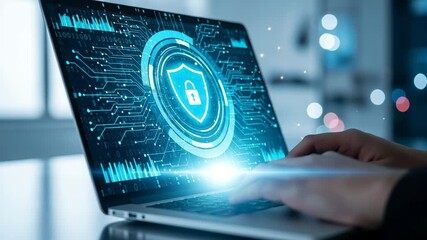 Cyber security shield on laptop screen with binary code and data graphs hands typing on keyboard - Powered by Adobe