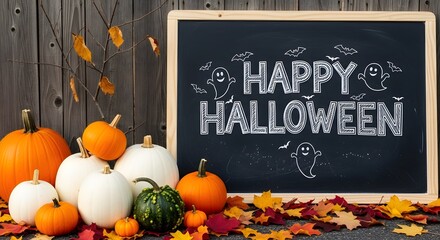Happy Halloween Chalkboard Sign with White and Orange Pumpkins and Autumn Leaves