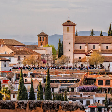 Granada. Spain. Mirador de San Nicol&aacute;s. Alhambra Palace complex. Beautiful Spanish historic city. Travel, Tourism
