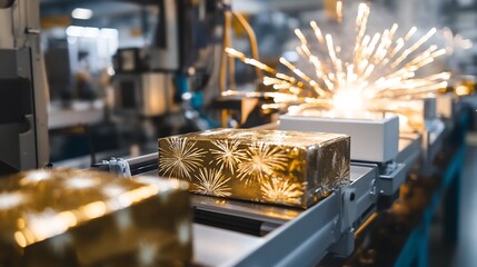 Packaging machine in a New Year's themed factory wrapping products in metallic gold and silver packaging with fireworks designs celebrating the excitement of the new year