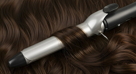 Naklejka premium Hair Styling Tool Pro Salon Grade Curler for Flawless Waves Professional Curling Iron Glamorous Brown Hair Extensions Style Beauty Fashion Design Trends Coiffure Routine