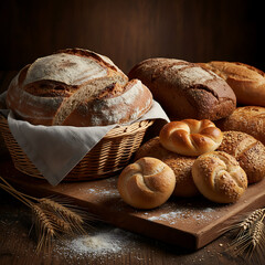 Assorted bread and buns in a basket on a dark wooden board, surrounded by freshly baked loaves, rustic bakery style, warm lighting, dark background, natural textures and cozy homemade atmosphere.