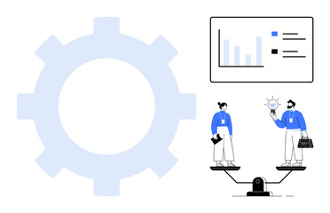Gear symbol with a business chart, man and woman balancing on scale holding documents and bright idea. Ideal for teamwork, balance, equity, business, innovation, analysis workflow. Modern flat