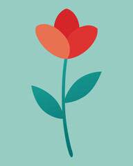 A simple red tulip flower illustration with green leaves on a light blue background