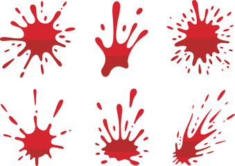 Set of six red liquid splashes isolated on white background, realistic paint or wine stains for creative graphic design projects