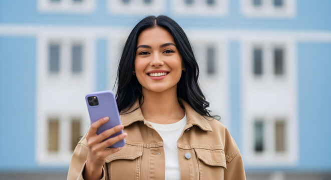 Smiling Woman Using Phone Outdoors Connectivity Mobile Communication Technology Online Content Digital Lifestyle Communication Urban Setting Modern Life Joyful Expression