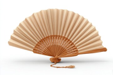 Light beige hand fan, delicately pleated, with a subtly textured surface and a simple brown tassel.  The handle shows faint, light markings