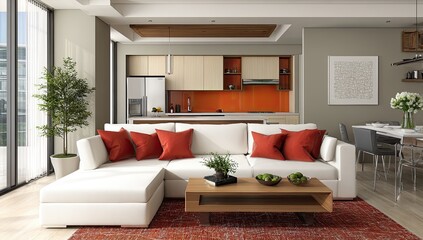 Modern open-plan living space with a white sectional sofa, orange accents, and a minimalist kitchen visible in the background.  A reddish-brown rug anchors the living area