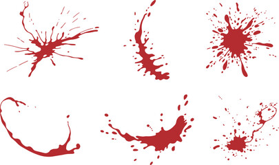 Set of six red liquid splashes on white background, realistic paint or wine splatter texture for artistic and graphic design use