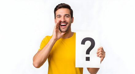 Excited Man Holding Question Mark Promotes a Quiz Event, Urging Participation with Enthusiasm, Announcing Important Information, Seeking Input and Feedback on White