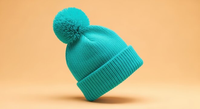 A teal knitted winter hat with a pom-pom rests on a light orange background.