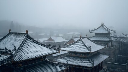 Snow falling on ancient Chinese temples

