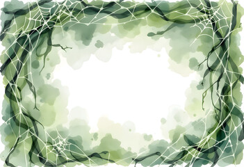 Organic watercolor background with twisted green roots and vines framing white center space, natural botanical texture.