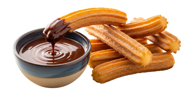 Churro is dipped in chocolate sauce next to a pile of more churros in studio lighting.