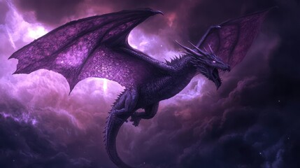 Dragon with shimmering purple scales flying through a stormy night sky
