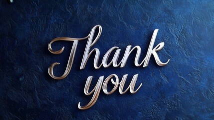 Elegant cursive Thank you in silver foil on a dark blue background with subtle lighting